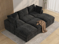 Seccional Deluxe Cloud de 3 plazas negro | 6 piezas (incluye 3 pufs), tela chenilla de mezcla de lino, fundas de cojín lavables