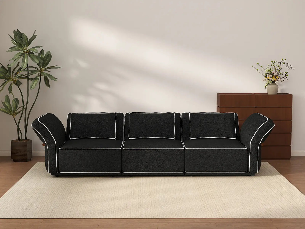 Deluxe Cloud 3-Seater Black Small Space Couch Sectional | 3-Piece, Bouclé Sherpa-Like Fabric, Easy To Clean