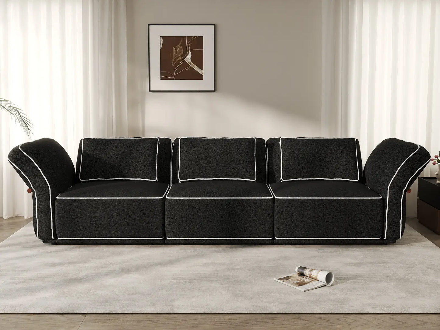 Deluxe Cloud 3-Seater Black Small Space Couch Sectional | 3-Piece, Bouclé Sherpa-Like Fabric, Easy To Clean
