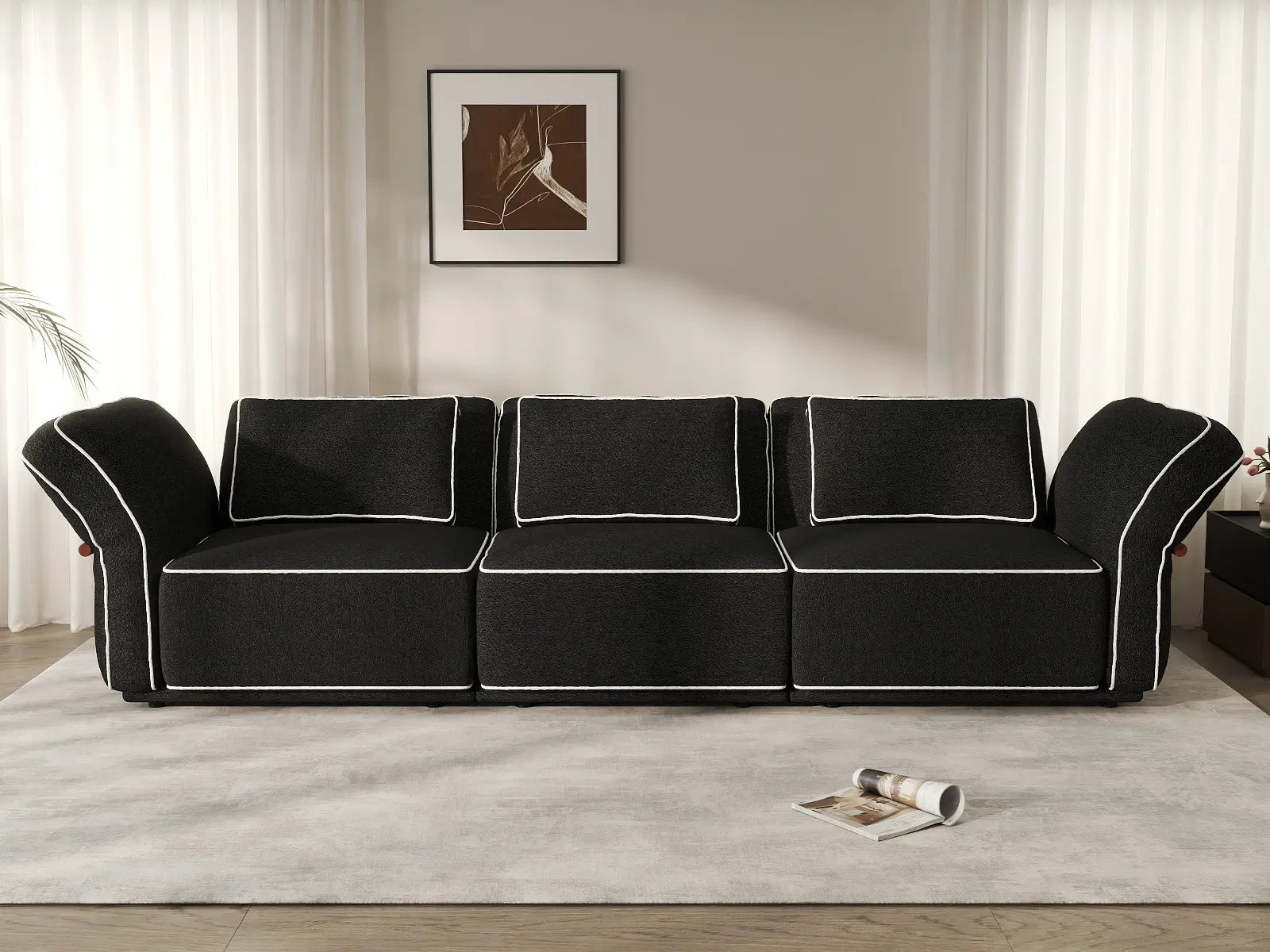 Deluxe Cloud 3-Seater Black Small Space Couch Sectional | 3-Piece, Bouclé Sherpa-Like Fabric, Easy To Clean