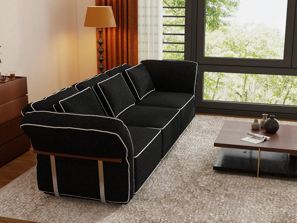 Deluxe Cloud 3-Seater Black Small Space Couch Sectional | 3-Piece, Bouclé Sherpa-Like Fabric, Easy To Clean