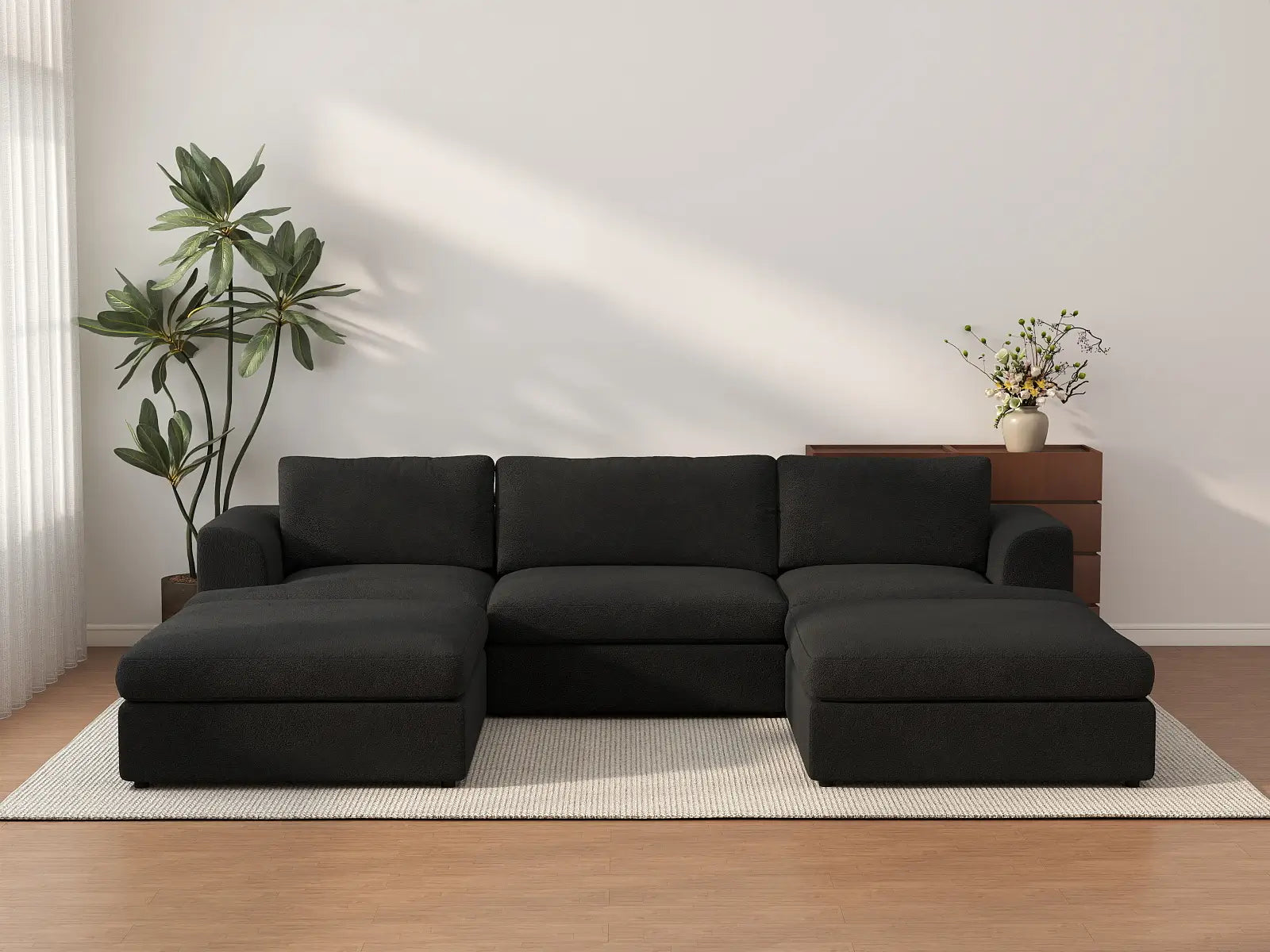 Deluxe Cloud 3-Seater Black U-Shaped Sectional | 5-Piece (Includes 2 Ottomans), Bouclé Sherpa-Like Fabric, Washable Cushion Covers