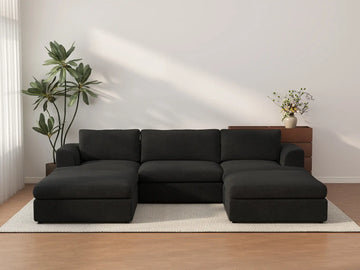 Deluxe Cloud 3-Seater Black U-Shaped Sectional | 5-Piece (Includes 2 Ottomans), Bouclé Sherpa-Like Fabric, Washable Cushion Covers