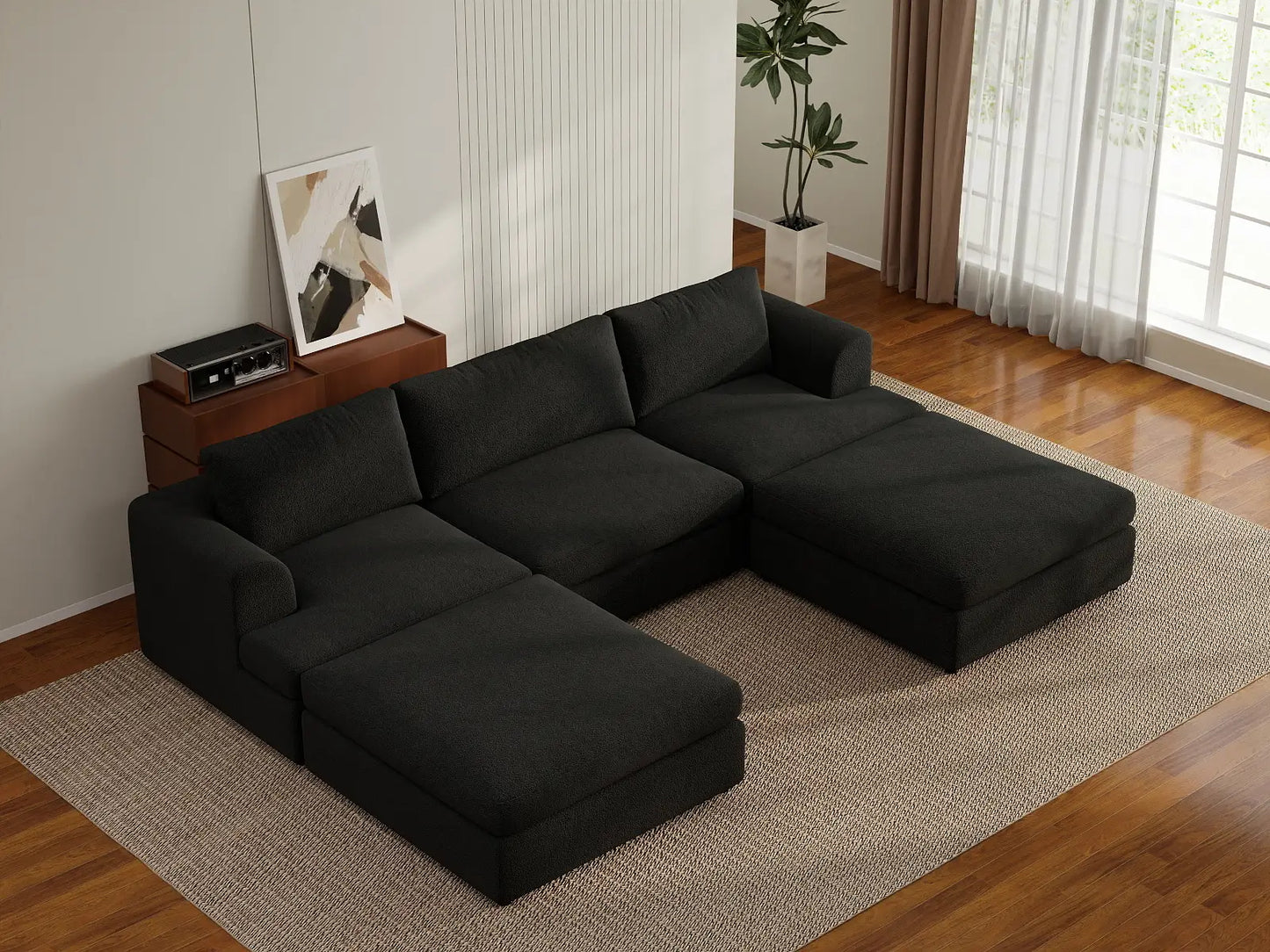 Deluxe Cloud 3-Seater Black U-Shaped Sectional | 5-Piece (Includes 2 Ottomans), Bouclé Sherpa-Like Fabric, Washable Cushion Covers