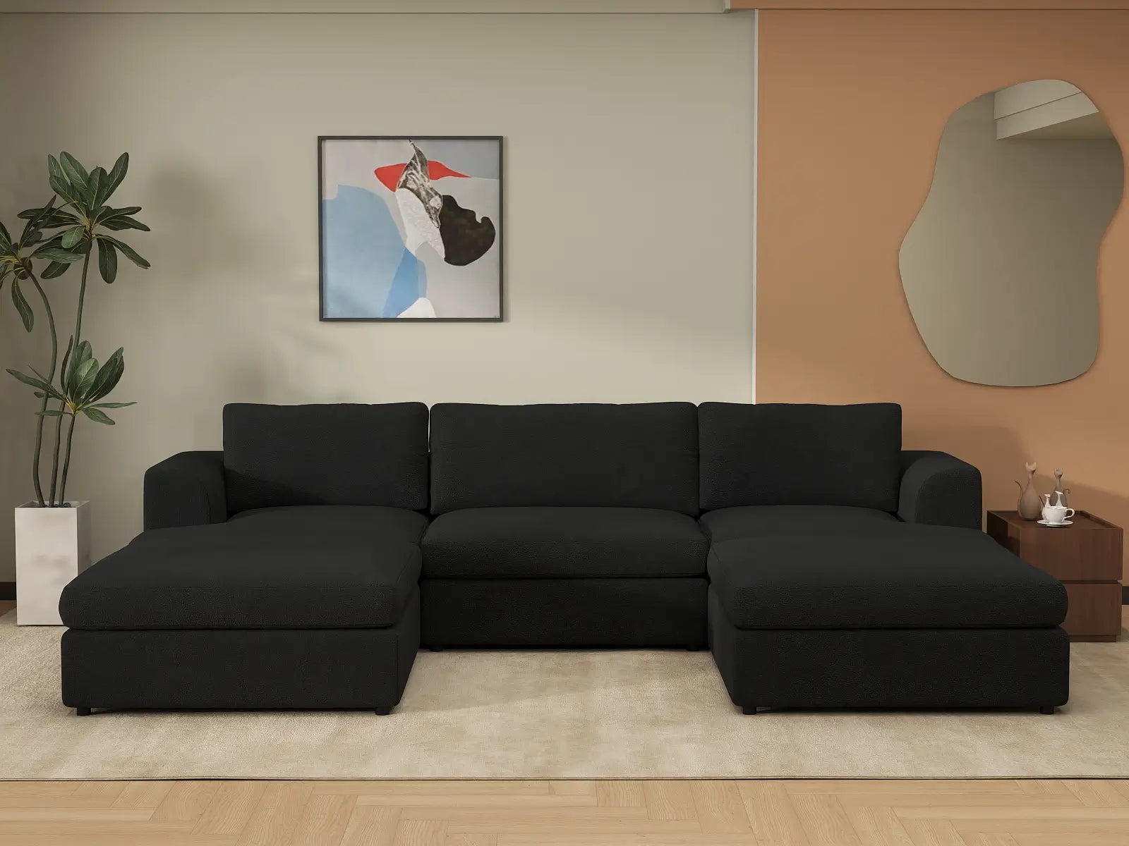 Deluxe Cloud 3-Seater Black U-Shaped Sectional | 5-Piece (Includes 2 Ottomans), Bouclé Sherpa-Like Fabric, Washable Cushion Covers