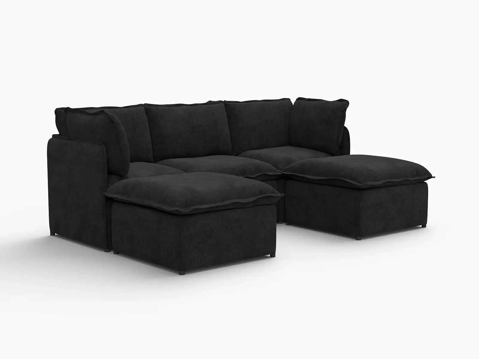 Deluxe Cloud 3-Seater Black U-Shaped Sectional | 5-Piece (Includes 2 Ottomans), Linen Look Poly Fabric, Washable Cushion Covers