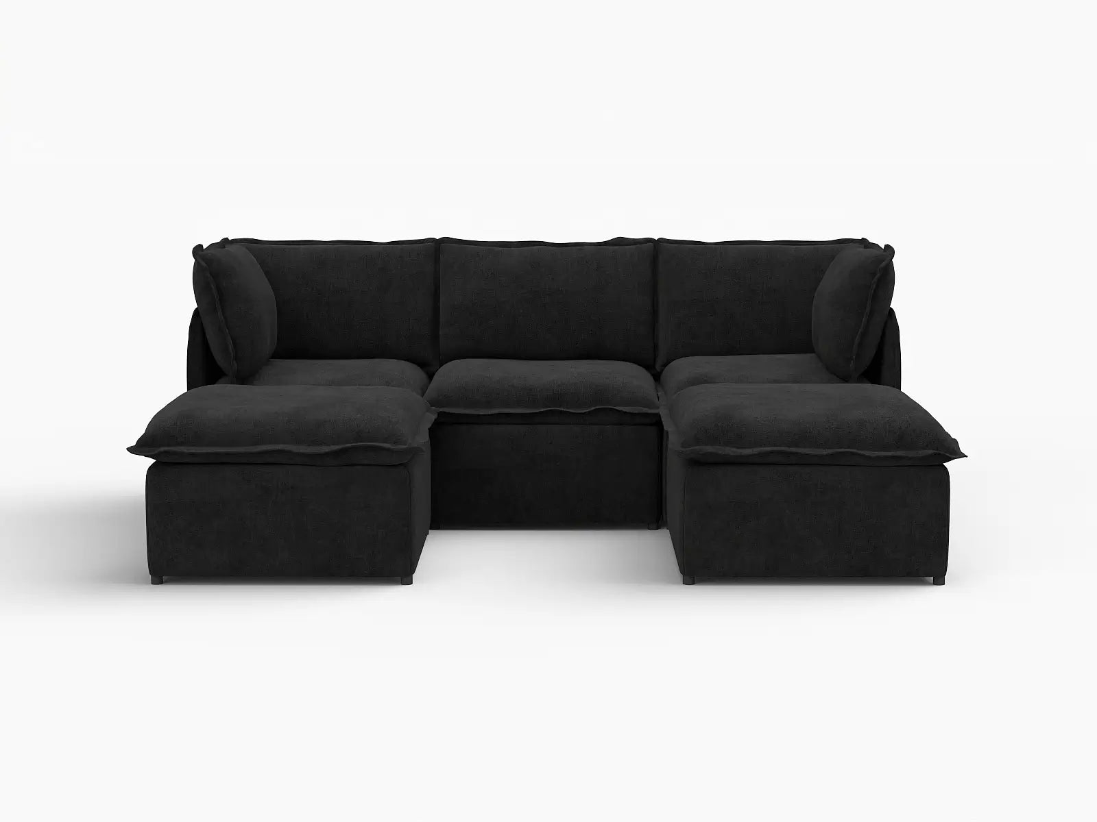 Deluxe Cloud 3-Seater Black U-Shaped Sectional | 5-Piece (Includes 2 Ottomans), Linen Look Poly Fabric, Washable Cushion Covers