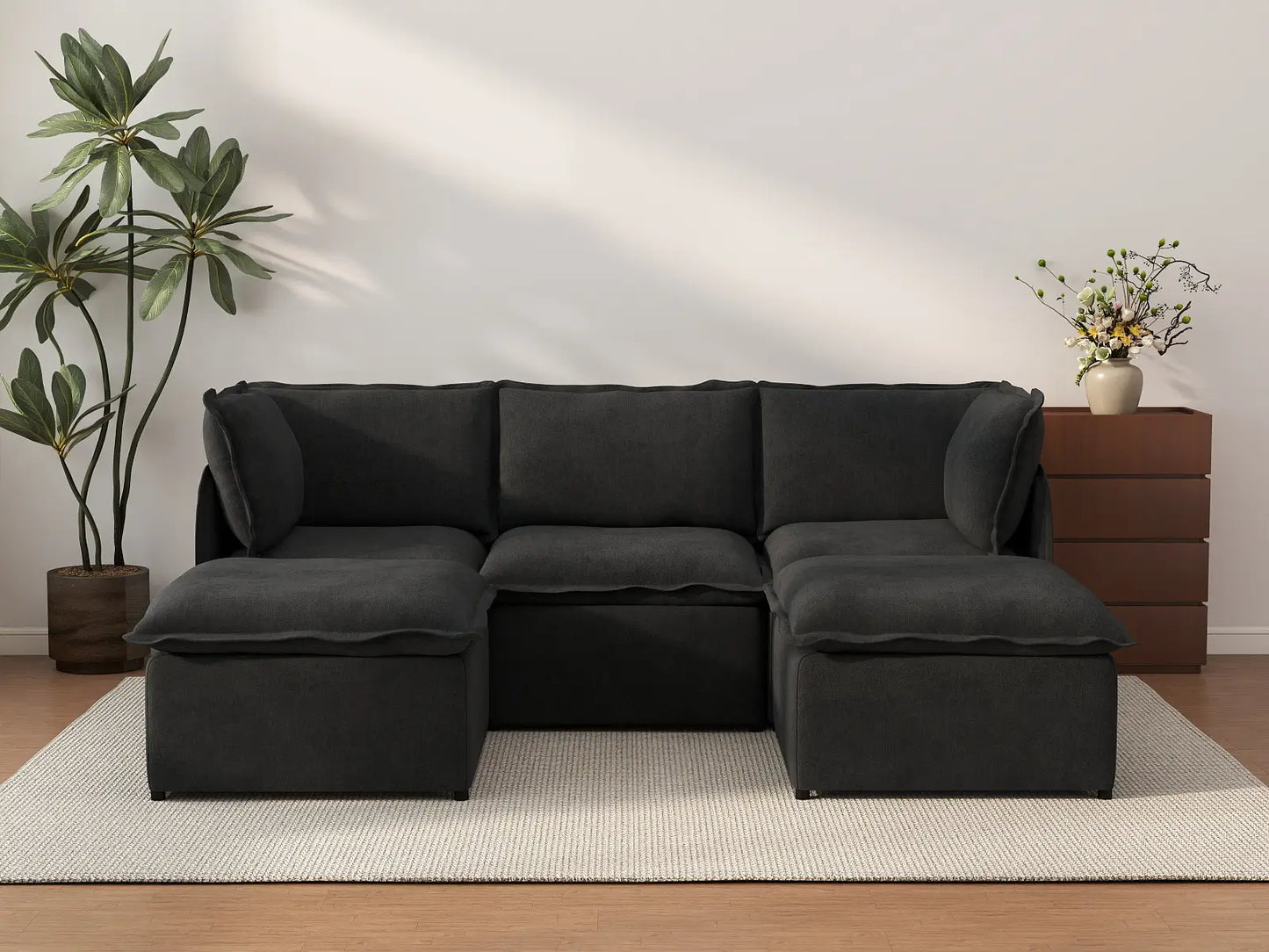 Deluxe Cloud 3-Seater Black U-Shaped Sectional | 5-Piece (Includes 2 Ottomans), Linen Look Poly Fabric, Washable Cushion Covers