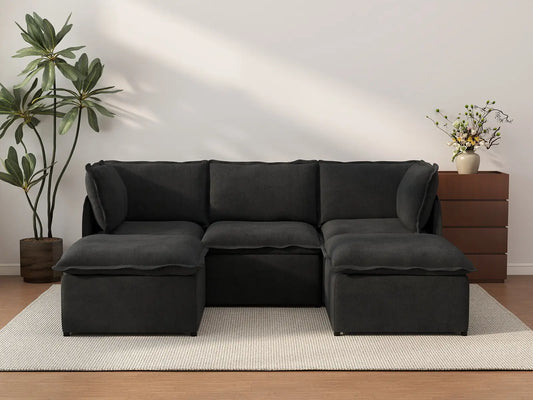 Deluxe Cloud 3-Seater Black U-Shaped Sectional | 5-Piece (Includes 2 Ottomans), Linen Look Poly Fabric, Washable Cushion Covers