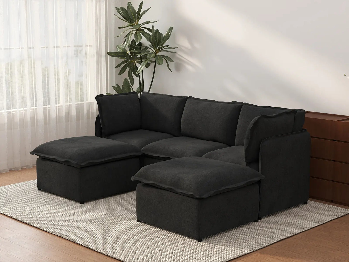 Deluxe Cloud 3-Seater Black U-Shaped Sectional | 5-Piece (Includes 2 Ottomans), Linen Look Poly Fabric, Washable Cushion Covers