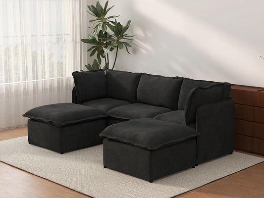 Deluxe Cloud 3-Seater Black U-Shaped Sectional | 5-Piece (Includes 2 Ottomans), Linen Look Poly Fabric, Washable Cushion Covers