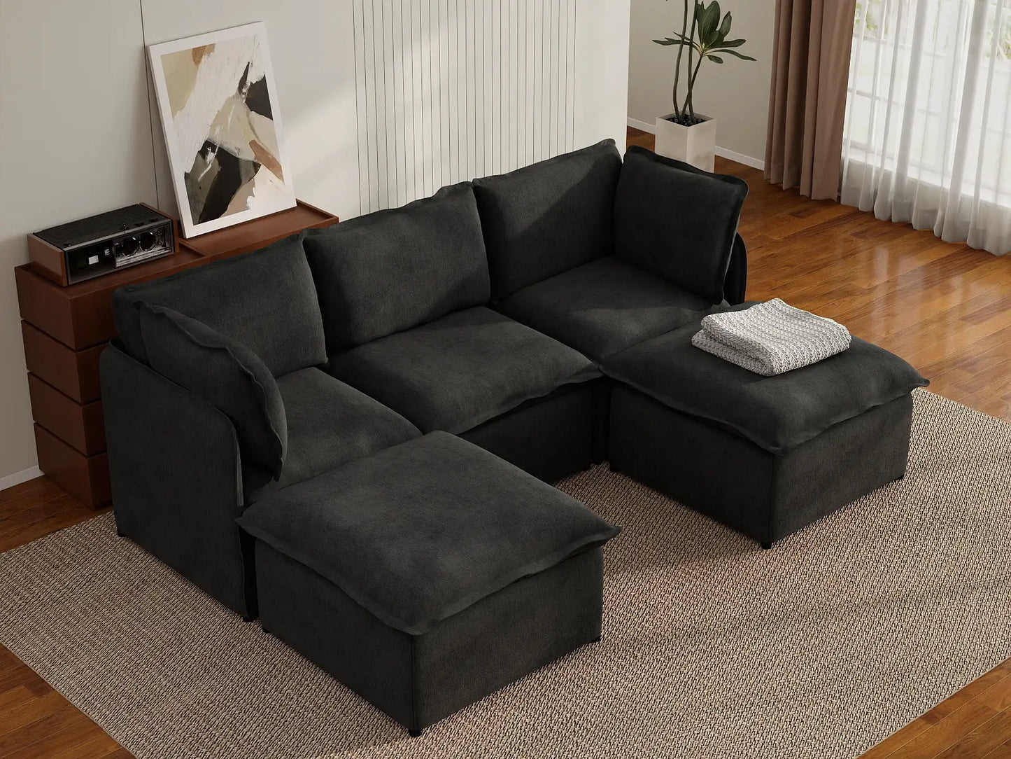 Deluxe Cloud 3-Seater Black U-Shaped Sectional | 5-Piece (Includes 2 Ottomans), Linen Look Poly Fabric, Washable Cushion Covers