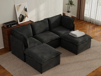 Deluxe Cloud 3-Seater Black U-Shaped Sectional | 5-Piece (Includes 2 Ottomans), Linen Look Poly Fabric, Washable Cushion Covers