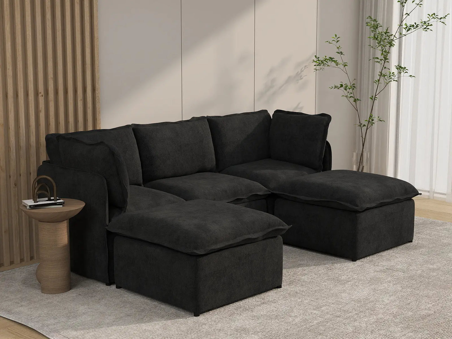 Deluxe Cloud 3-Seater Black U-Shaped Sectional | 5-Piece (Includes 2 Ottomans), Linen Look Poly Fabric, Washable Cushion Covers