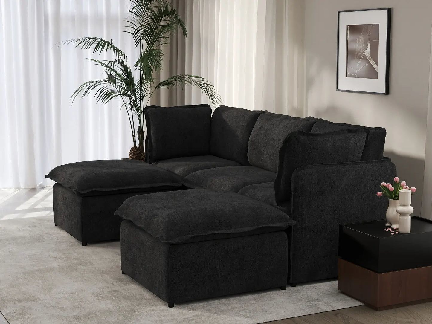 Deluxe Cloud 3-Seater Black U-Shaped Sectional | 5-Piece (Includes 2 Ottomans), Linen Look Poly Fabric, Washable Cushion Covers
