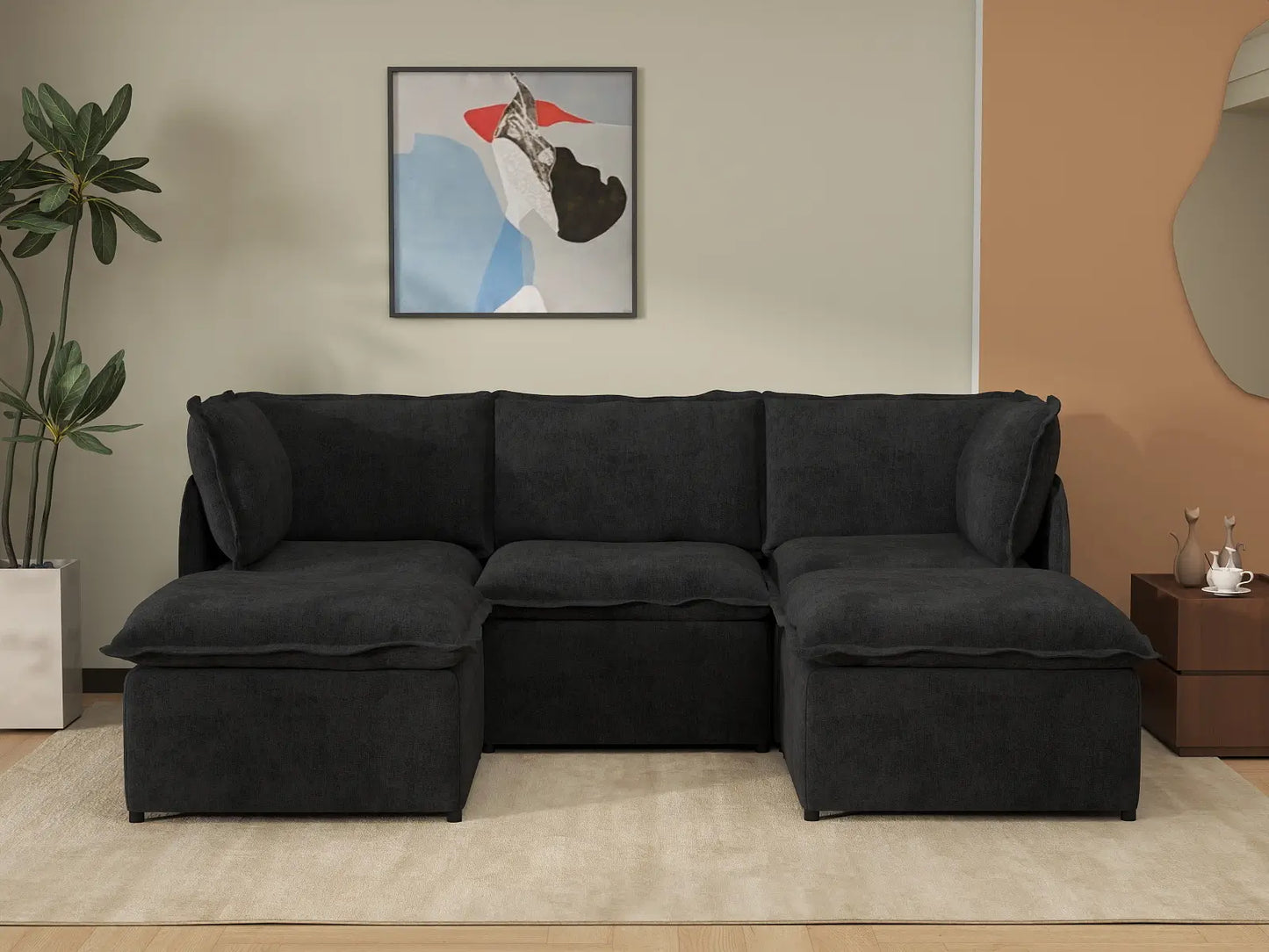 Deluxe Cloud 3-Seater Black U-Shaped Sectional | 5-Piece (Includes 2 Ottomans), Linen Look Poly Fabric, Washable Cushion Covers