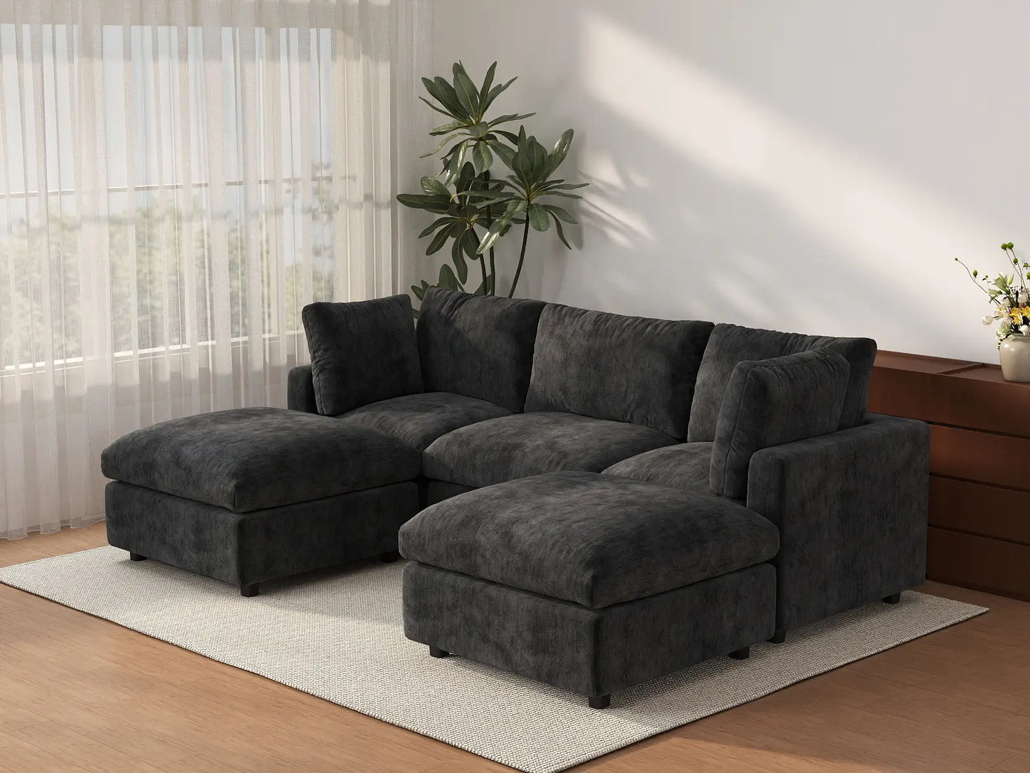 Sofá Seccional en Forma de U Negro de Lujo Cloud de 3 Plazas | 5 Piezas (Incluye 2 Otomanas), Tela de Chenilla Mezcla de Lino, Fundas de Cojín Lavables