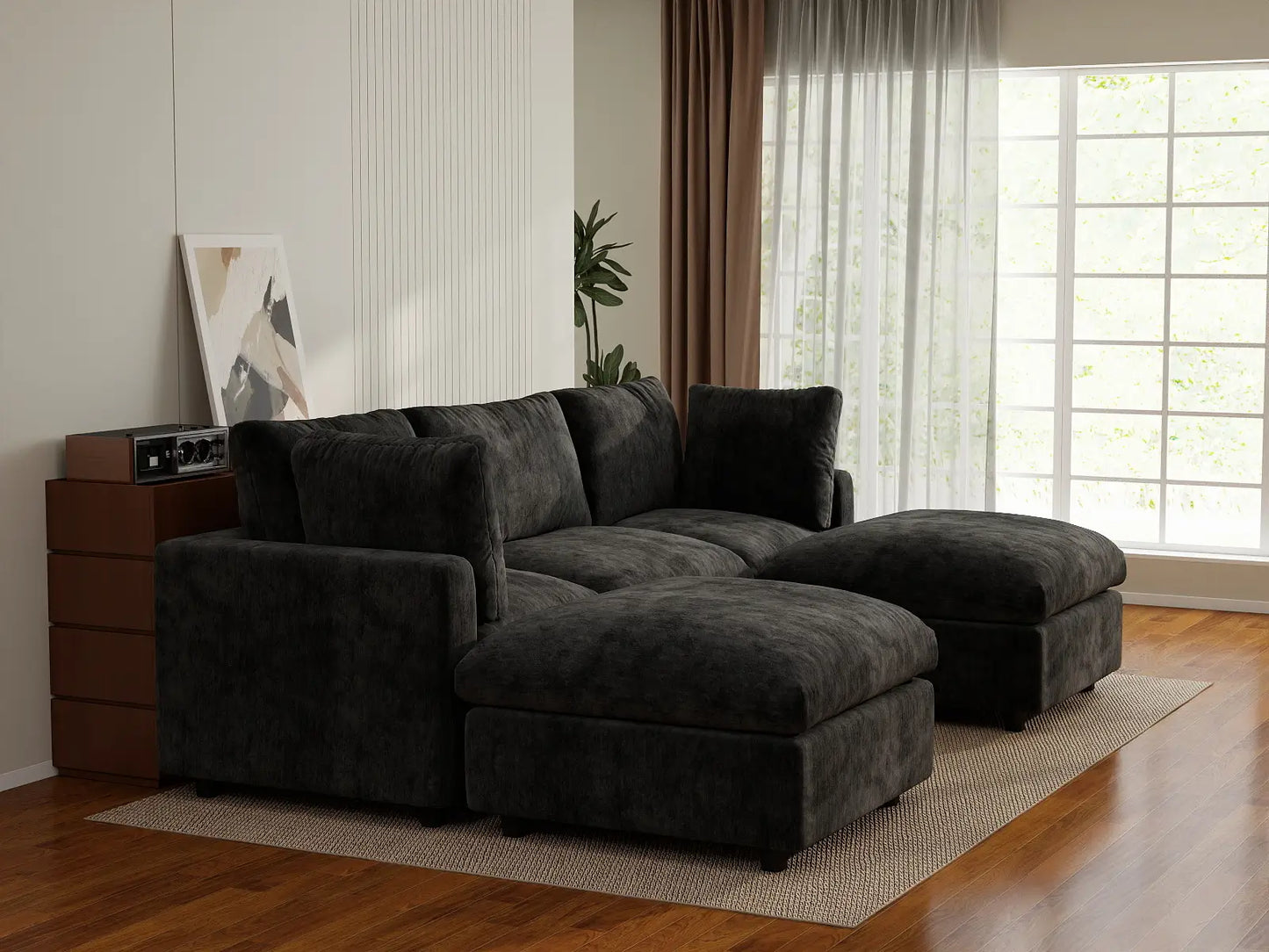 Fundas de sofá seccional Lounge Cloud | Funda de sofá de chenilla de mezcla de lino negro para 3 plazas con 2 otomanas
