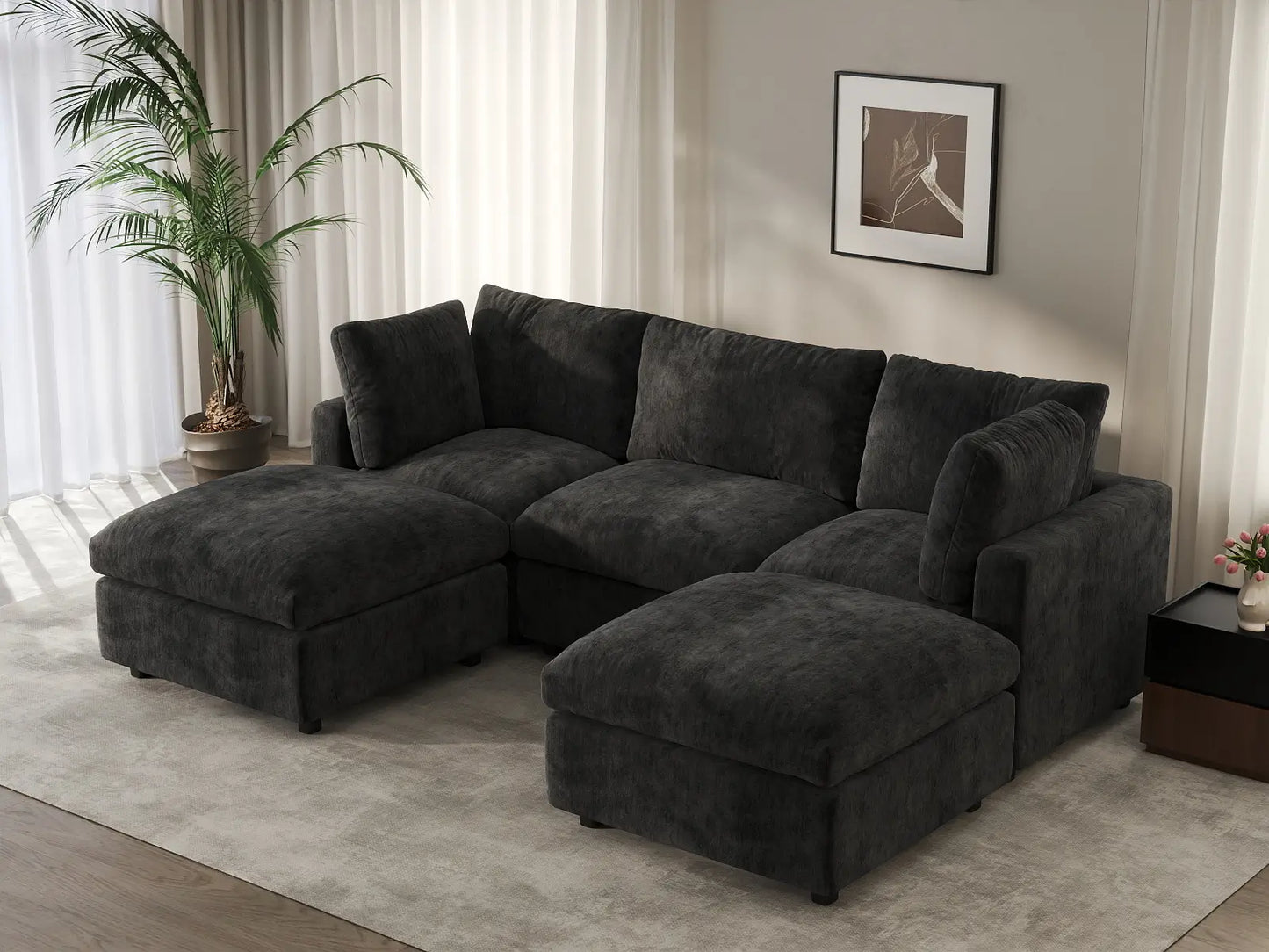 Sofá Seccional en Forma de U Negro de Lujo Cloud de 3 Plazas | 5 Piezas (Incluye 2 Otomanas), Tela de Chenilla Mezcla de Lino, Fundas de Cojín Lavables