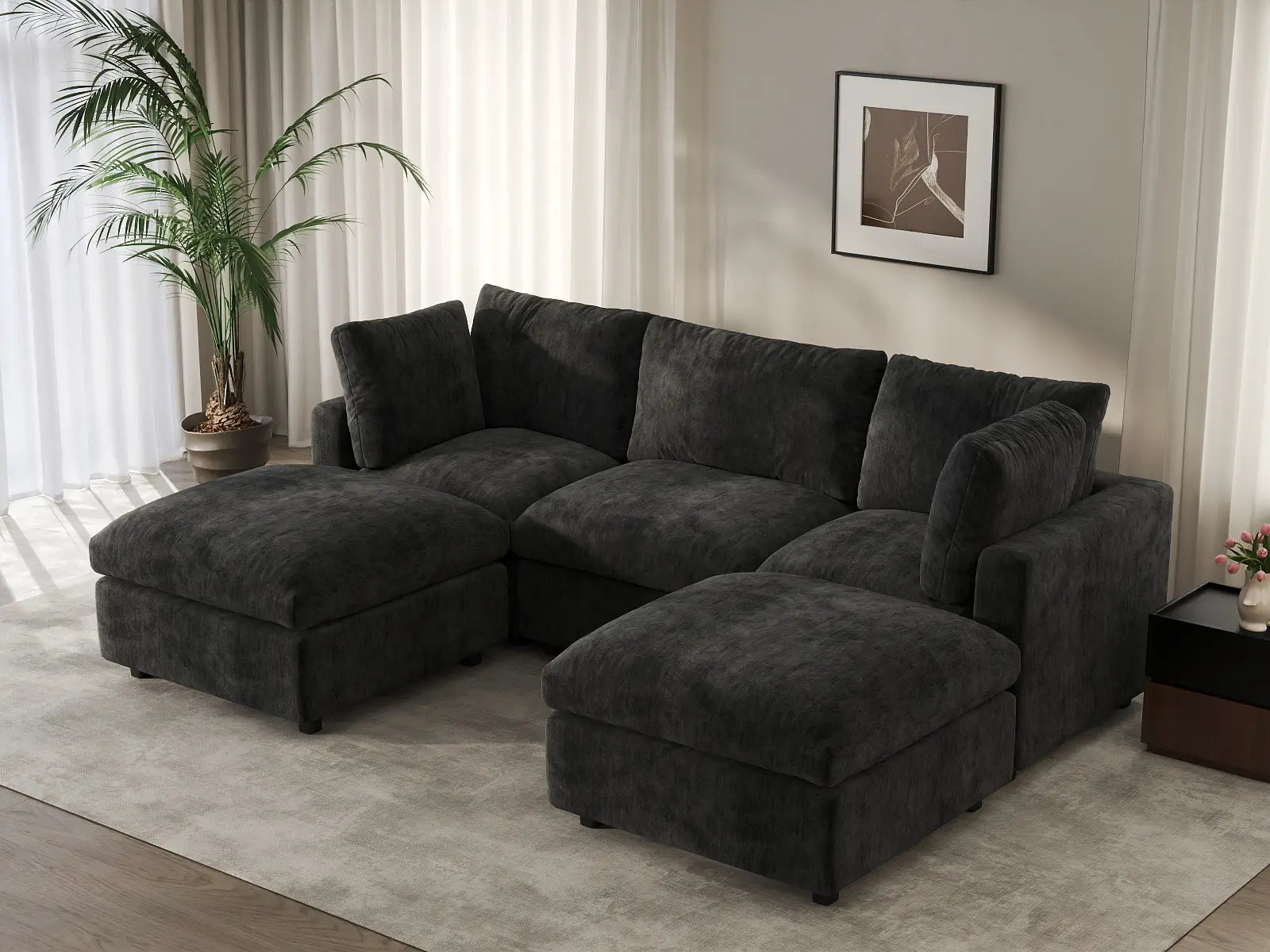 Sofá Seccional en Forma de U Negro de Lujo Cloud de 3 Plazas | 5 Piezas (Incluye 2 Otomanas), Tela de Chenilla Mezcla de Lino, Fundas de Cojín Lavables