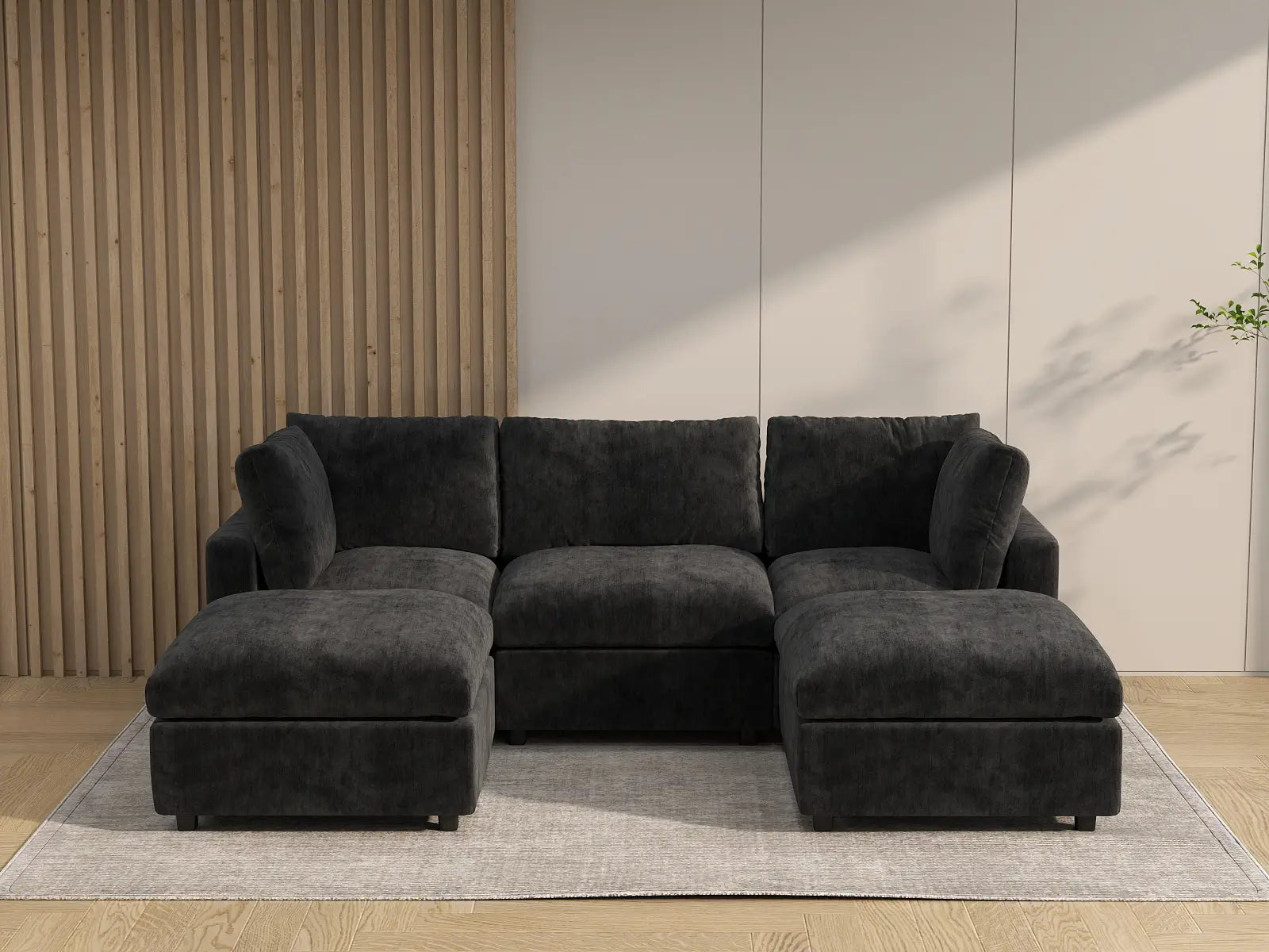 Fundas de sofá seccional Lounge Cloud | Funda de sofá de chenilla de mezcla de lino negro para 3 plazas con 2 otomanas