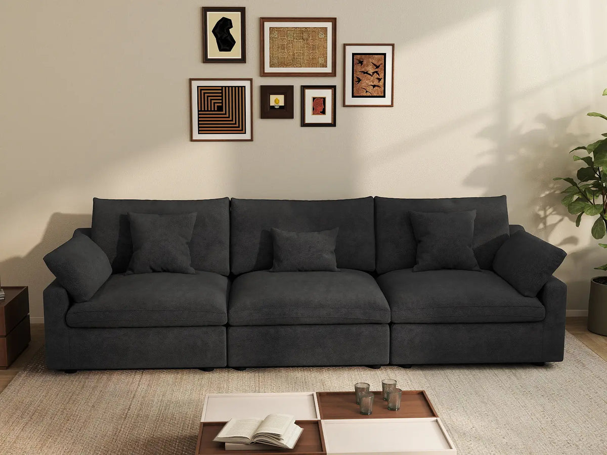 Sofá seccional Deluxe Cloud de 3 plazas, color negro, lavable | 3 piezas, tela de chenilla y lino, diseño modular