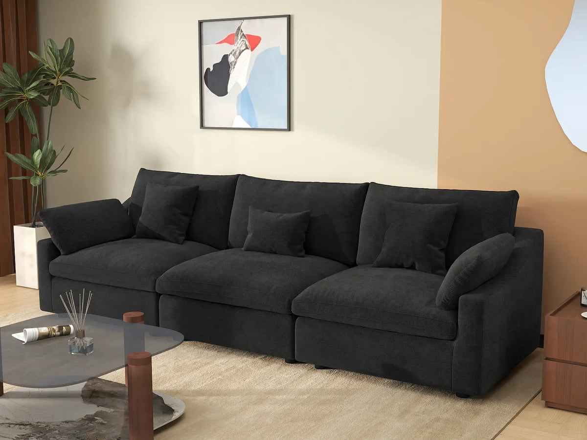 Sofá seccional Deluxe Cloud de 3 plazas, color negro, lavable | 3 piezas, tela de chenilla y lino, diseño modular