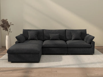 Deluxe Cloud 3-Seater Black Washable L-Shaped Sectional | 4-Piece (includes 1 Ottoman), Chenille and Linen Fabric, Modular Design