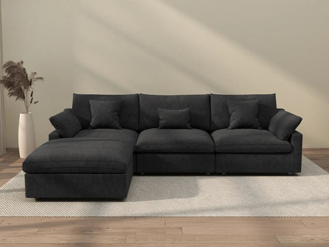 Sofá modular modular Deluxe Cloud de 3 plazas, color negro, lavable, en forma de L | Juego de 4 piezas (incluye 1 otomana), tejido de chenilla y lino.