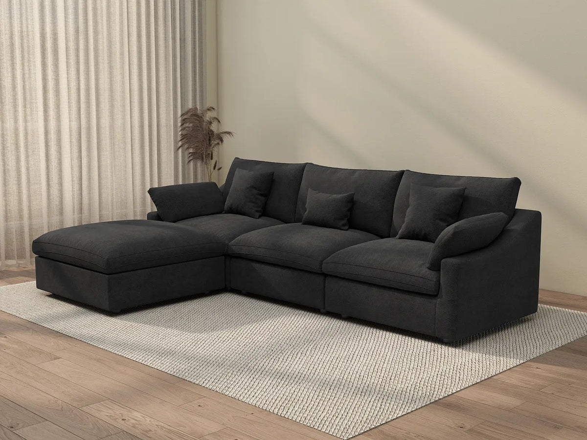 Deluxe Cloud 3-Seater Black Washable L-Shaped Sectional | 4-Piece (includes 1 Ottoman), Chenille and Linen Fabric, Modular Design