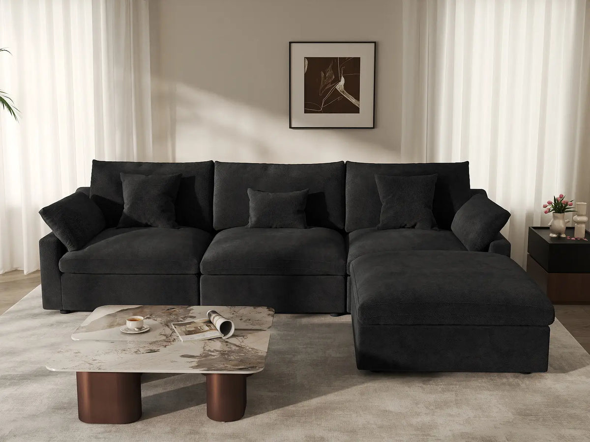 Deluxe Cloud 3-Seater Black Washable L-Shaped Sectional | 4-Piece (includes 1 Ottoman), Chenille and Linen Fabric, Modular Design