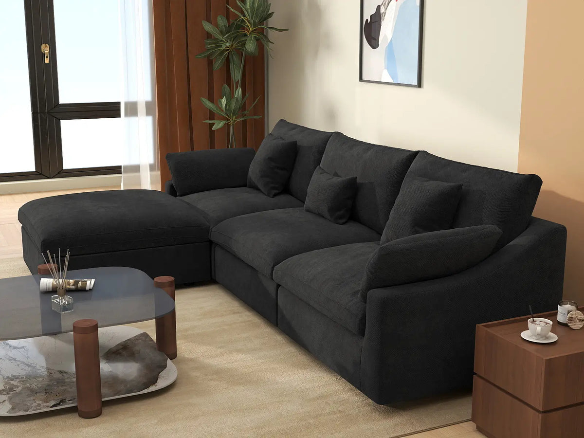 Deluxe Cloud 3-Seater Black Washable L-Shaped Sectional | 4-Piece (includes 1 Ottoman), Chenille and Linen Fabric, Modular Design