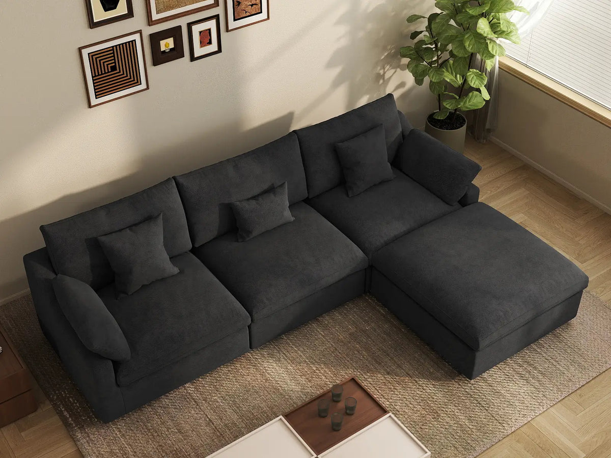 Deluxe Cloud 3-Seater Black Washable L-Shaped Sectional | 4-Piece (includes 1 Ottoman), Chenille and Linen Fabric, Modular Design