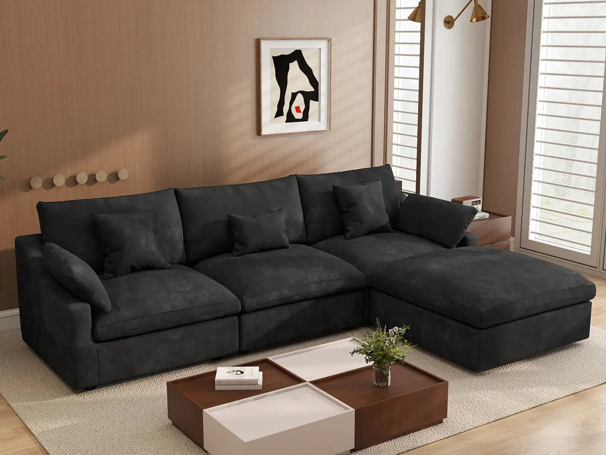 Deluxe Cloud 3-Seater Black Washable L-Shaped Sectional | 4-Piece (includes 1 Ottoman), Chenille and Linen Fabric, Modular Design