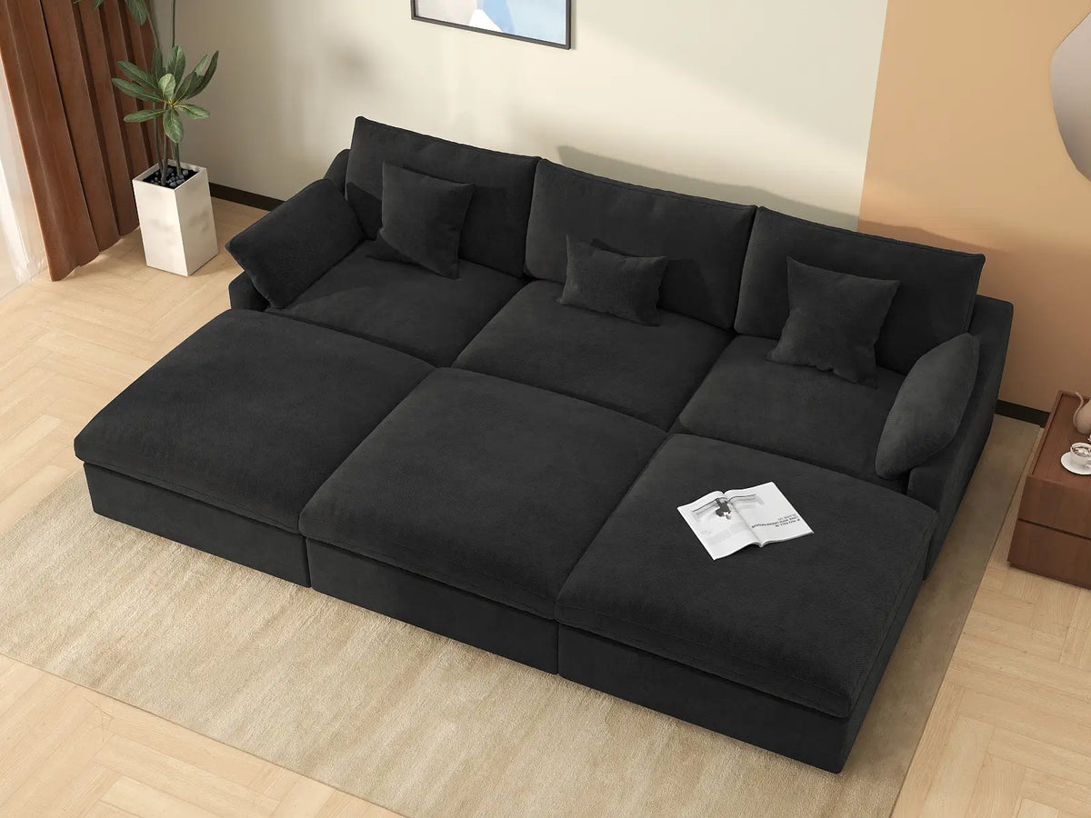 Fundas de sofá seccional Deluxe Slope Cloud | Funda de sofá de chenilla negra y lino para 3 plazas con 3 otomanas
