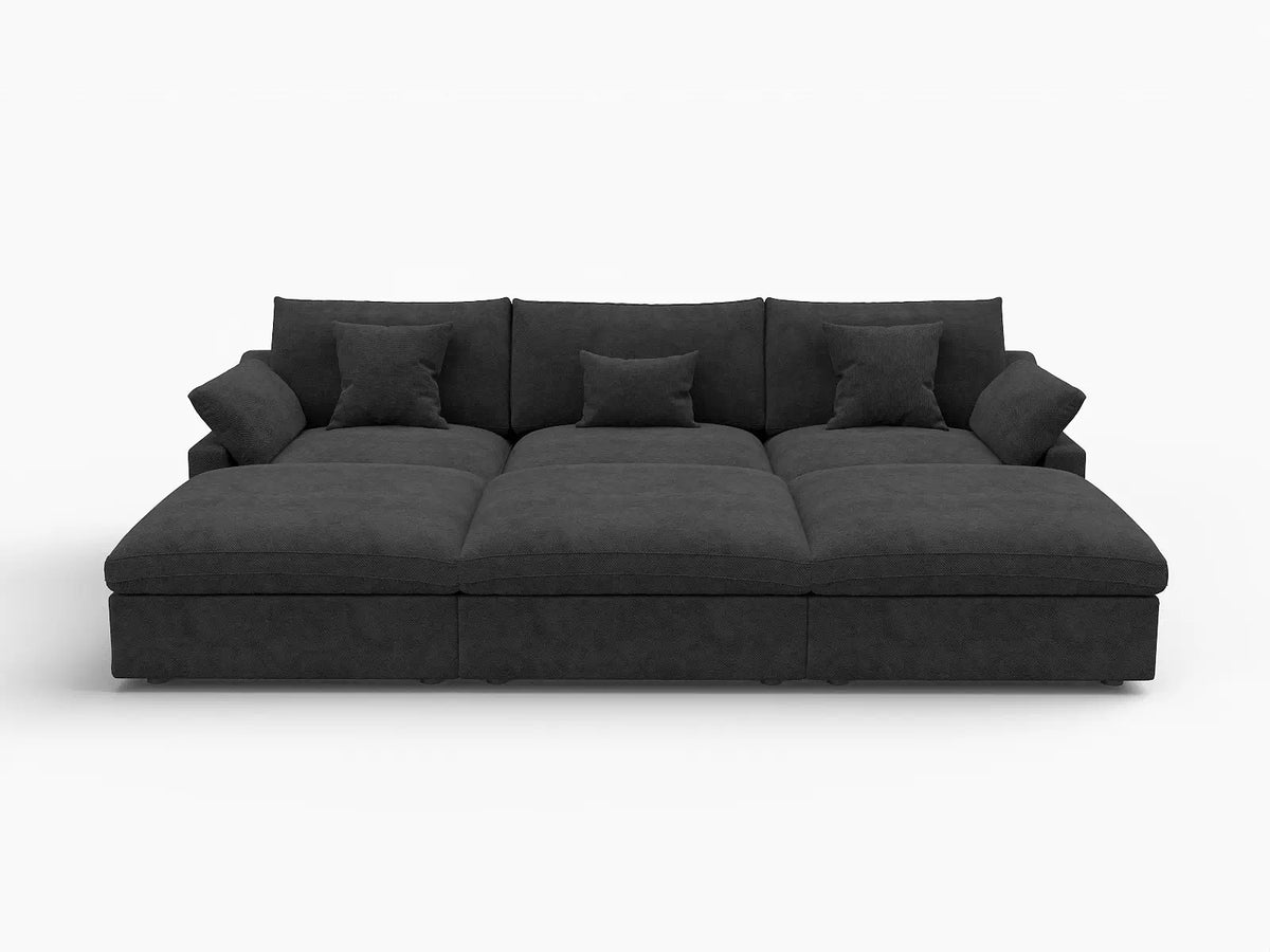 Fundas de sofá seccional Deluxe Slope Cloud | Funda de sofá de chenilla negra y lino para 3 plazas con 3 otomanas
