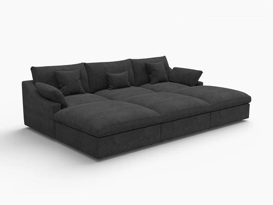 Deluxe Slope Cloud Sectional Sofa Covers | Black Chenille and Linen Sofa Cover for 3-Seater with 3-Ottomans