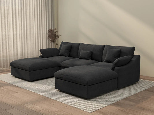Sofá modular modular Deluxe Cloud de 3 plazas, color negro, lavable, en forma de U | Juego de 5 piezas (incluye 2 otomanas), tejido de chenilla y lino, diseño modular.
