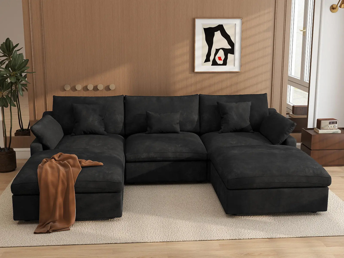 Deluxe Cloud 3-Seater Black Washable U-Shaped Sectional | 5-Piece (includes 2 Ottomans), Chenille and Linen Fabric, Modular Design