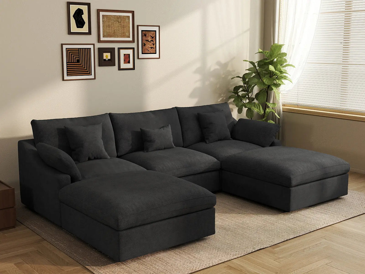 Deluxe Cloud 3-Seater Black Washable U-Shaped Sectional | 5-Piece (includes 2 Ottomans), Chenille and Linen Fabric, Modular Design