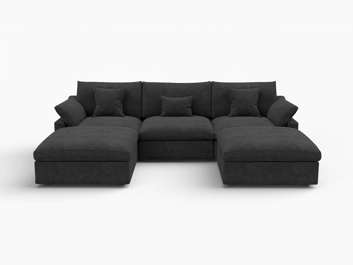 Deluxe Cloud 3-Seater Black Washable U-Shaped Sectional | 5-Piece (includes 2 Ottomans), Chenille and Linen Fabric, Modular Design