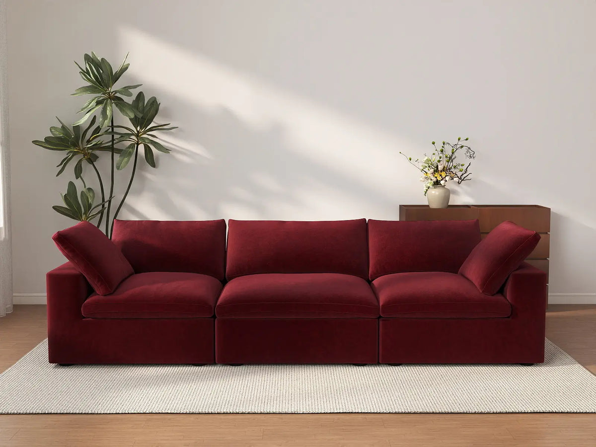 Deluxe Cloud 3-Seater Couch Sectional in Claret Velvet | 3-Piece, Living Room Seating, Easy To Clean, Small Space