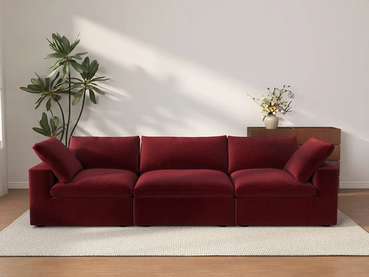 Deluxe Cloud 3-Seater Couch Sectional in Claret Velvet | 3-Piece, Living Room Seating, Easy To Clean, Small Space