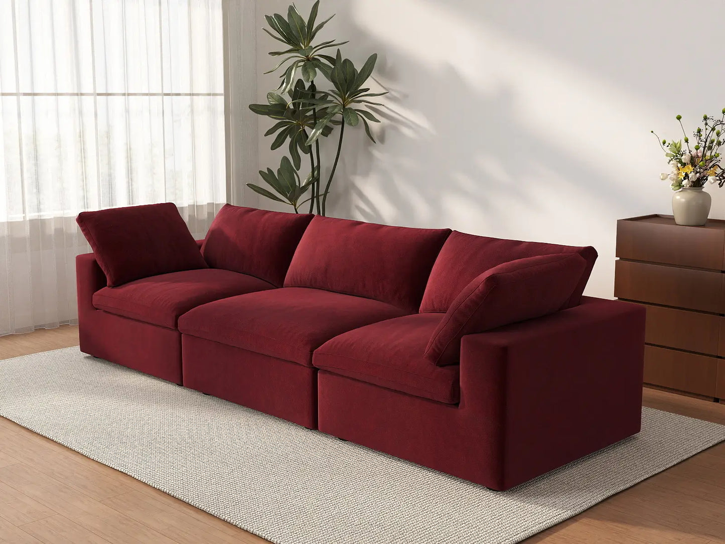 Deluxe Cloud 3-Seater Couch Sectional in Claret Velvet | 3-Piece, Living Room Seating, Easy To Clean, Small Space