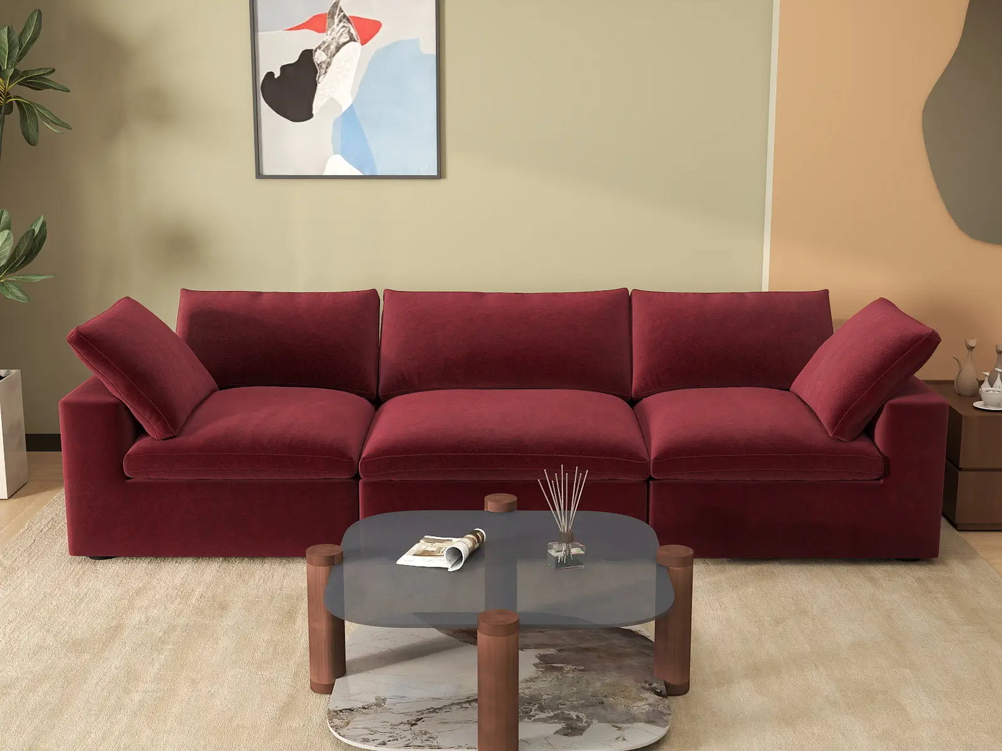 Deluxe Cloud 3-Seater Couch Sectional in Claret Velvet | 3-Piece, Living Room Seating, Easy To Clean, Small Space