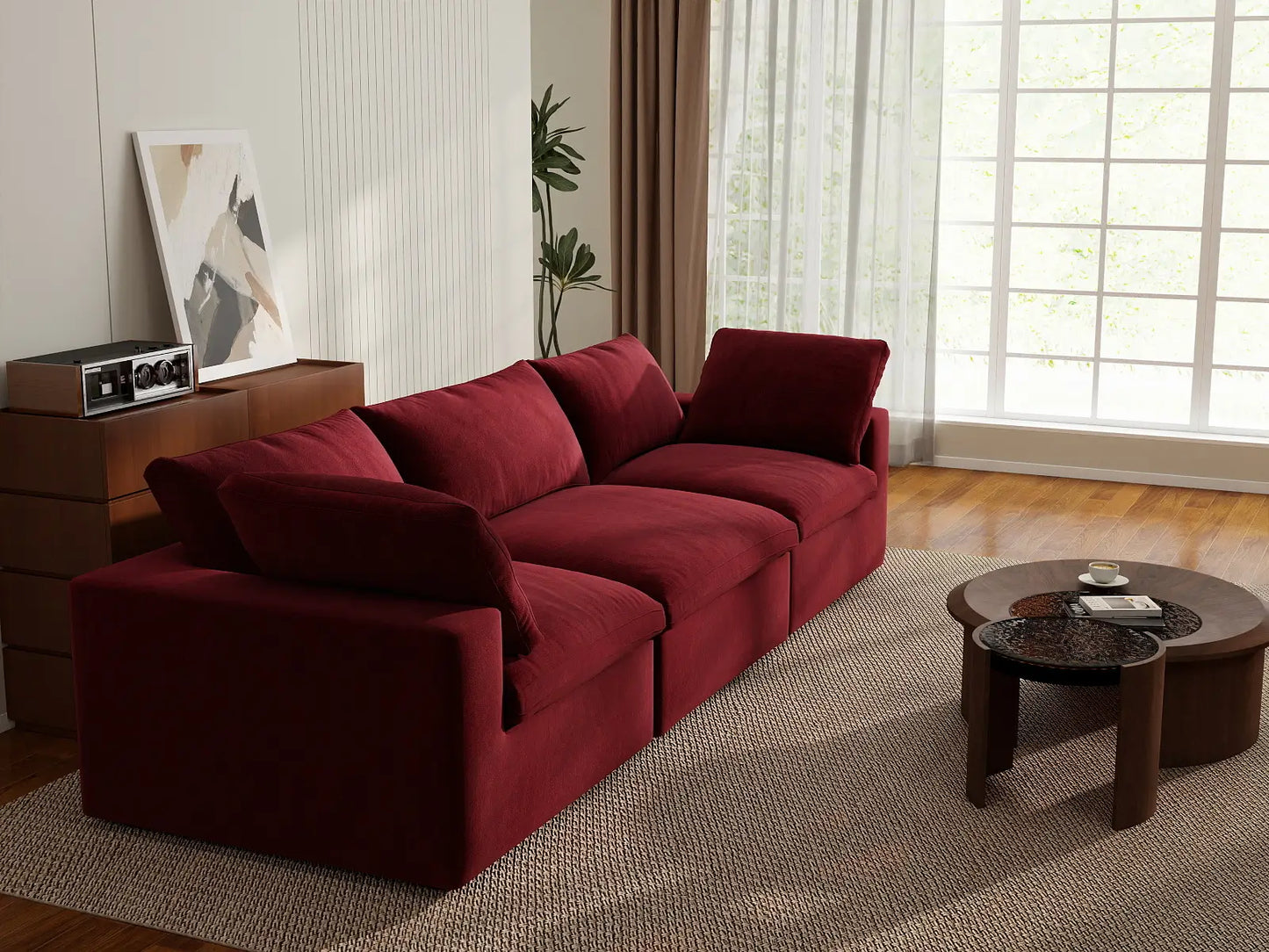Deluxe Cloud 3-Seater Couch Sectional in Claret Velvet | 3-Piece, Living Room Seating, Easy To Clean, Small Space