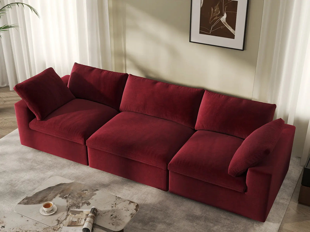 Deluxe Cloud 3-Seater Couch Sectional in Claret Velvet | 3-Piece, Living Room Seating, Easy To Clean, Small Space