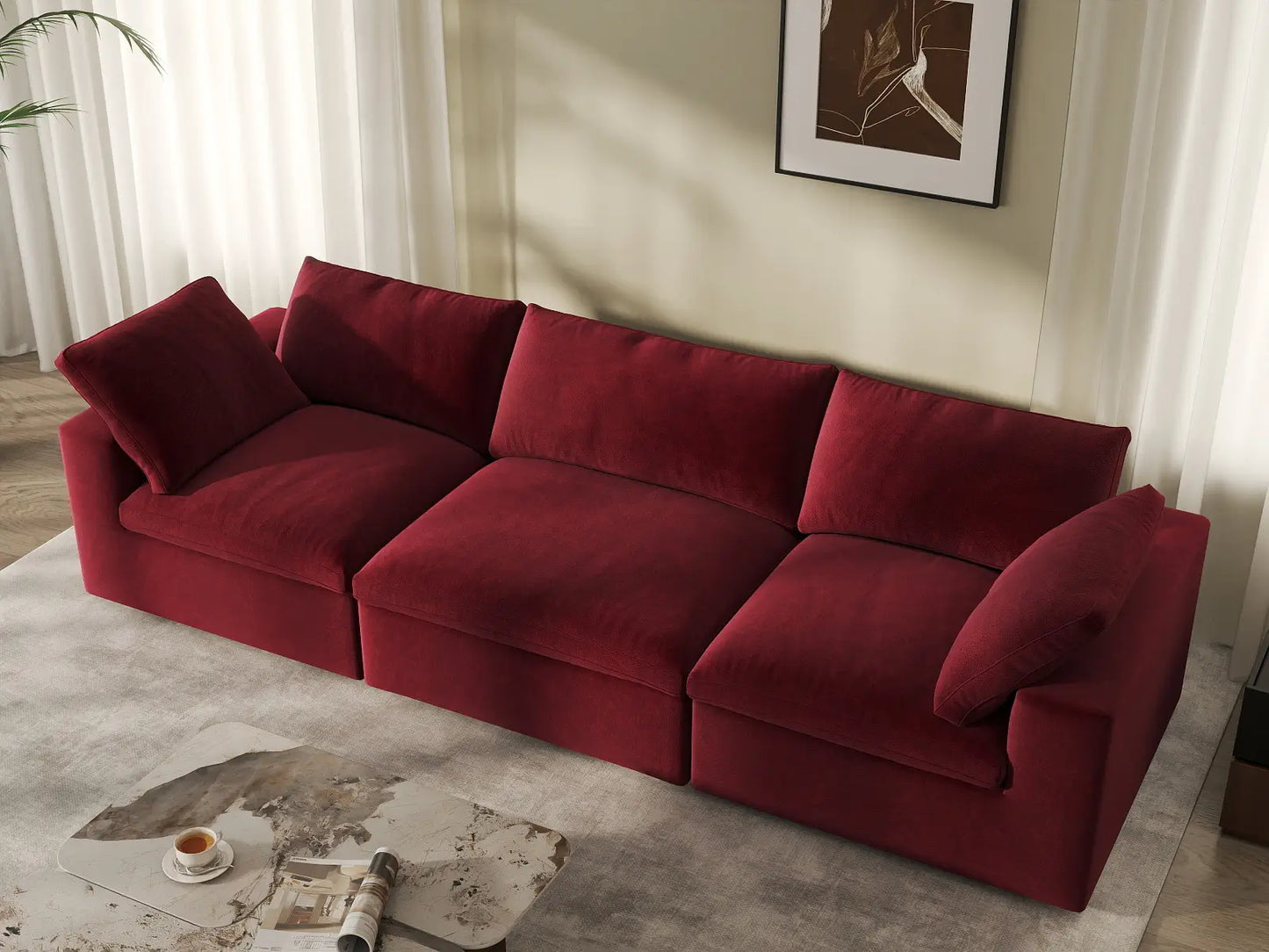 Deluxe Cloud 3-Seater Couch Sectional in Claret Velvet | 3-Piece, Living Room Seating, Easy To Clean, Small Space