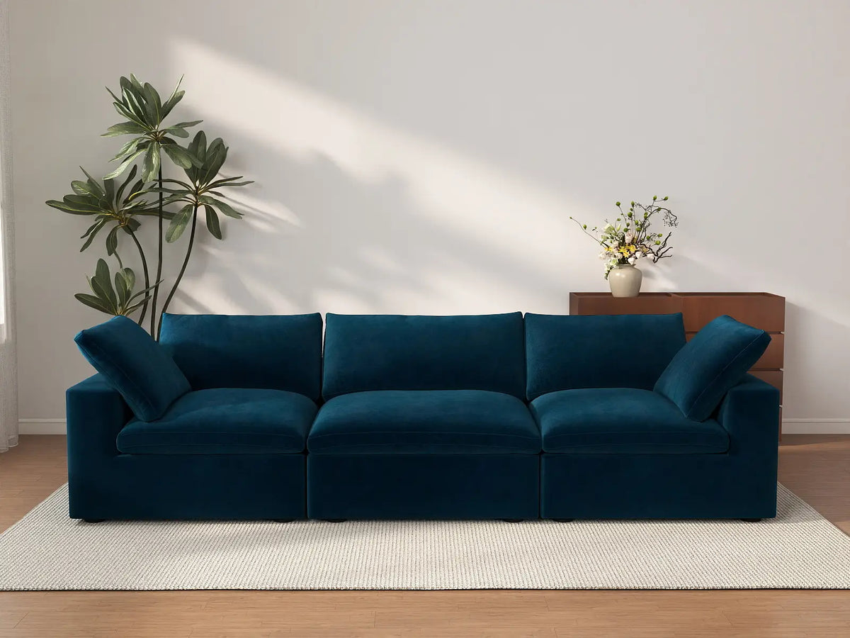 Deluxe Cloud 3-Seater Couch Sectional in Dark Blue Velvet | 3-Piece, Living Room Seating, Easy To Clean, Stylish Design