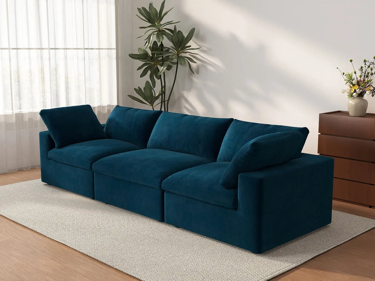 Deluxe Cloud 3-Seater Couch Sectional in Dark Blue Velvet | 3-Piece, Living Room Seating, Easy To Clean, Stylish Design